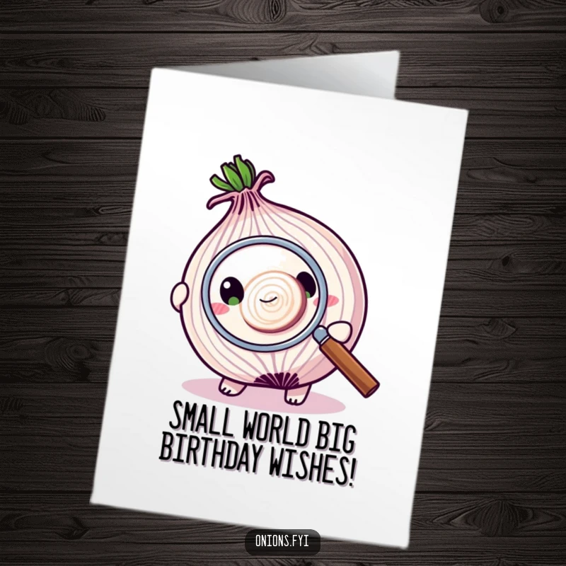 Funny Free Printable Birthday Card: An onion character intently examining a minuscule onion slice with a magnifying glass.