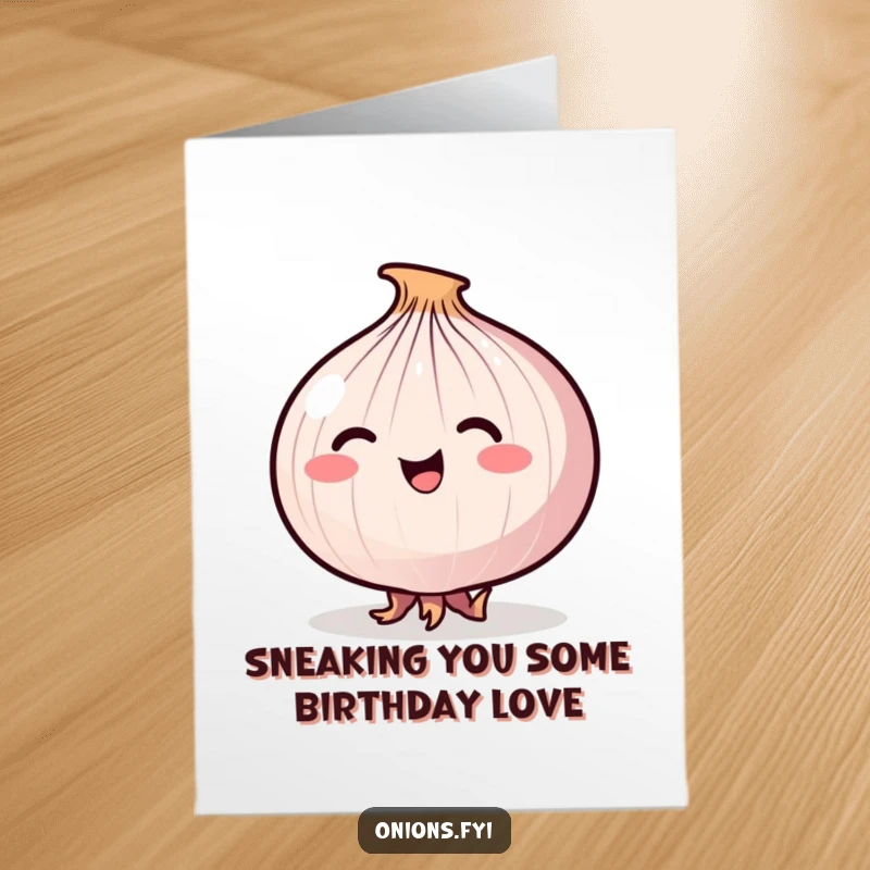 Funny Free Printable Birthday Card: A happy onion attempting to tiptoe stealthily on its small roots.