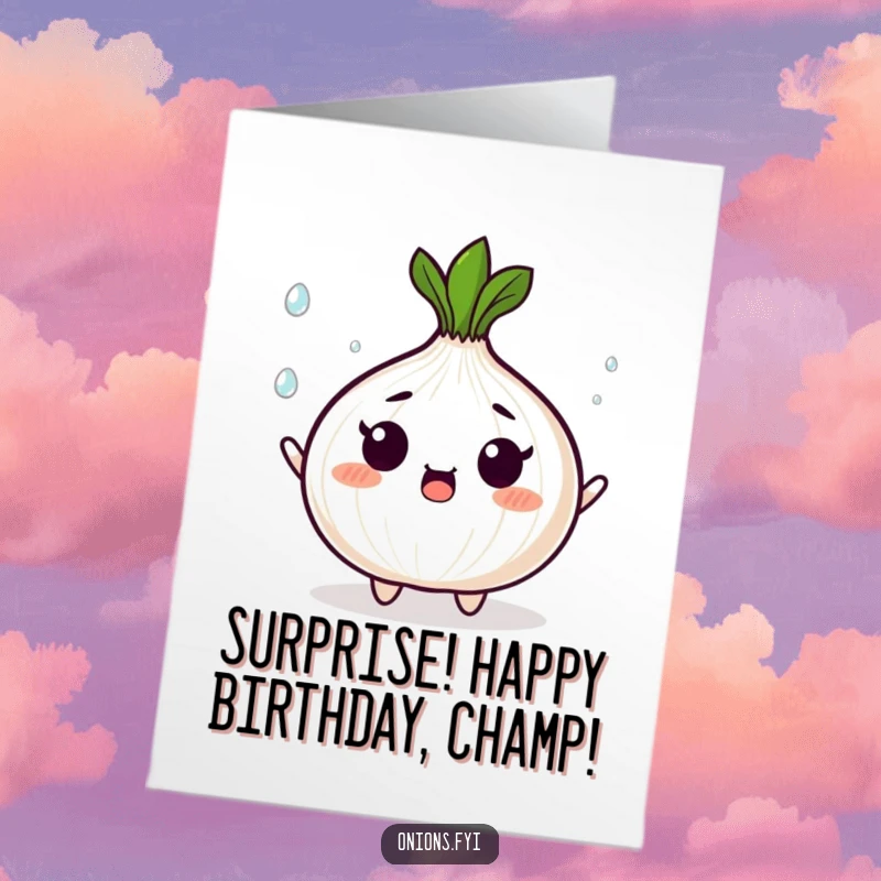 Funny Free Printable Birthday Card: Surprised onion character juggles tiny shining droplets, a whimsical birthday wish.