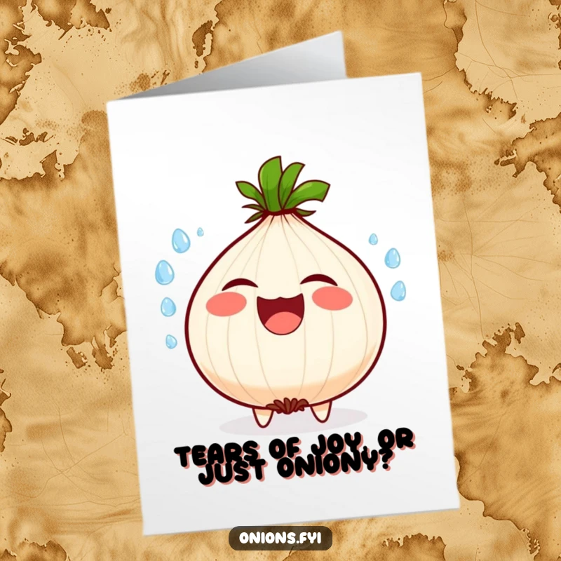 Funny Free Printable Onion Birthday Card: A joyful onion character laughing hard, with water droplets flying everywhere.