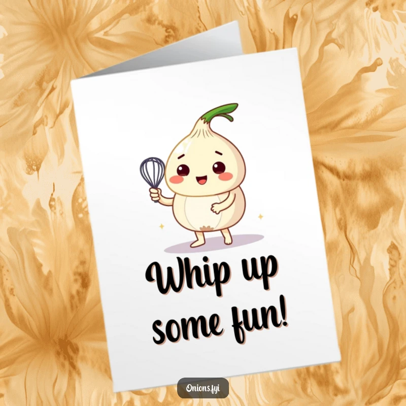 Funny Free Printable Birthday Card: An onion character joyfully holds a tiny whisk, creating a bubbly concoction, a downloadable gift.