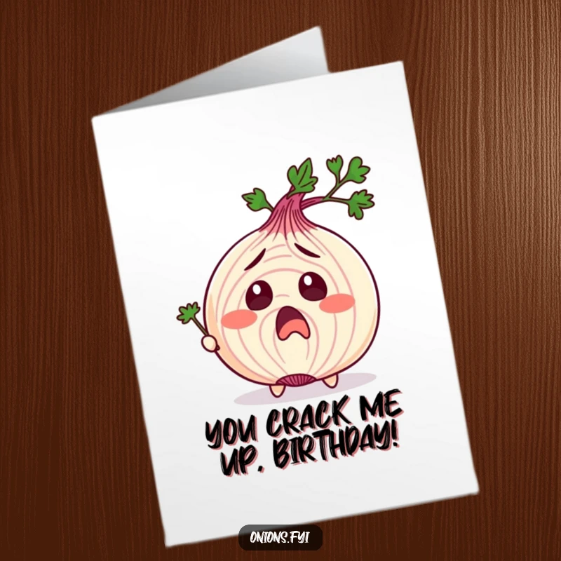 Funny Free Printable Birthday Card: Onion character with exaggerated surprise being tickled by a parsley sprig, pure comedic joy.