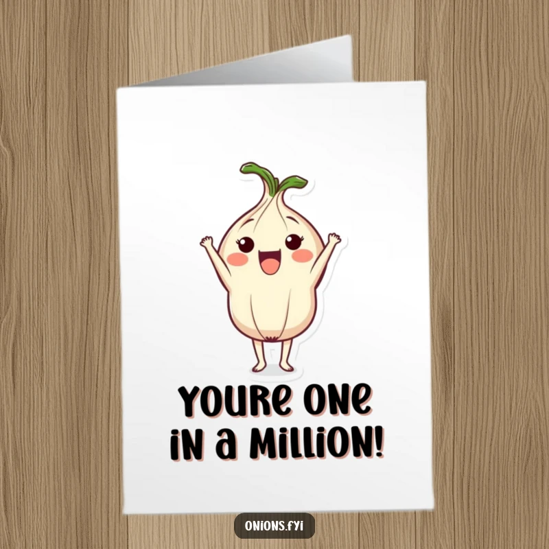 Funny free printable birthday card featuring a cute onion doing a headstand with pure joy, ready to celebrate.