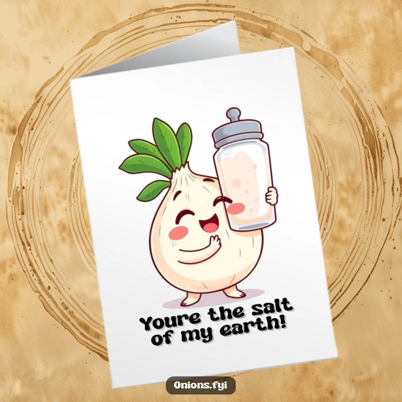 Funny Free Printable Birthday Card: Kawaii onion winking, holding a giant salt shaker, ready to season the celebration.