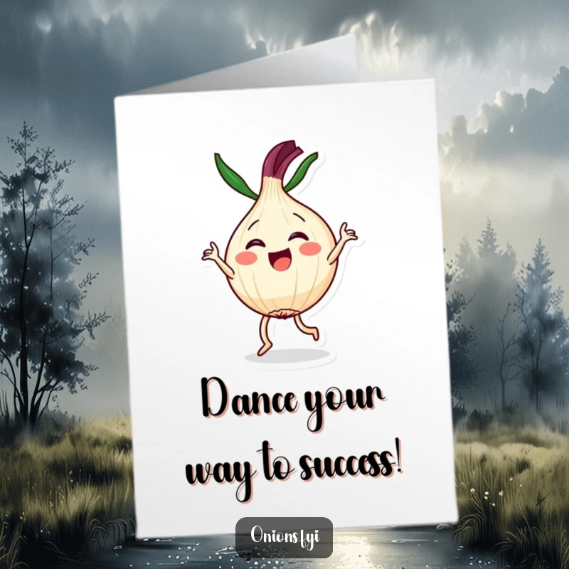 Funny Free Printable Congratulations Card: Kawaii onion character performing a joyful and dramatic dance routine to celebrate.