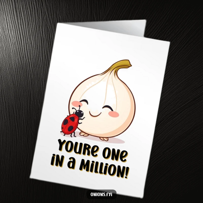 Funny Free Printable Congrats Card: A smiling onion with tiny antennae intently observing a ladybug.
