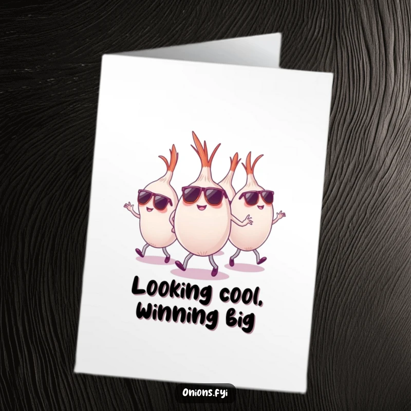 Free Printable congratulations card showing a crew of onions in sunglasses, dancing energetically to celebrate.