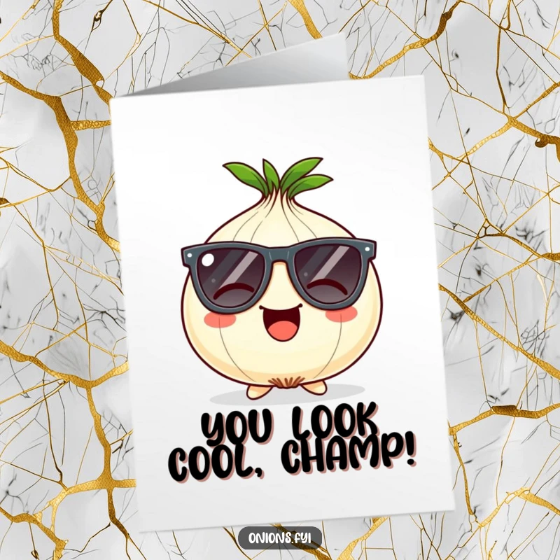 Funny free printable congratulations card of a giggling onion character sporting large, comical sunglasses, looking effortlessly cool and celebratory.