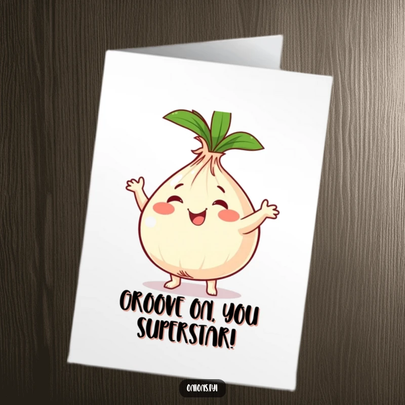 Funny Free Printable Congratulations Card featuring a beaming onion character dancing enthusiastically, leafy tops in motion.