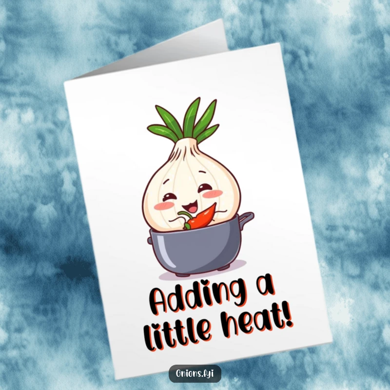 Funny Free Printable Congratulations Card of a sly onion slipping a chili pepper into a pot, symbolizing added excitement.