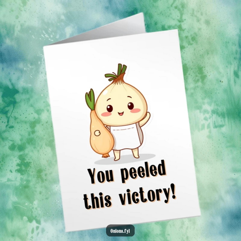 Funny Free Printable Congrats Card: Onion chef in apron proudly shows off a perfectly peeled vegetable, a downloadable success.