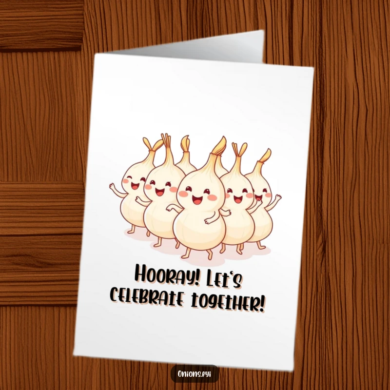 Funny Free Printable Congratulations Card showing a happy procession of onions dancing in a conga line to celebrate.