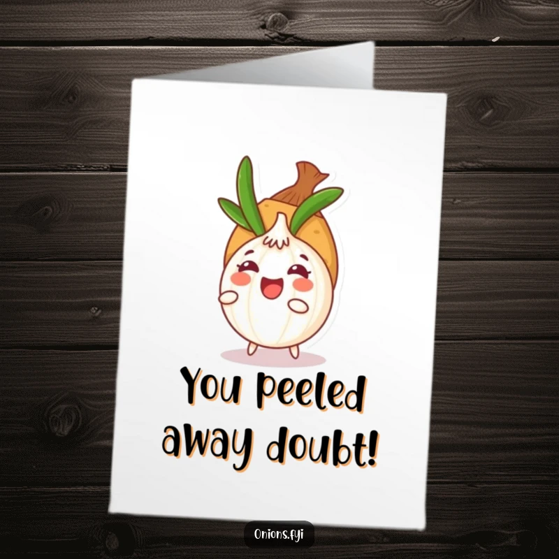 Funny Free Printable Congratulations Card with a cute onion character peeking from behind a potato, celebrating a big win.