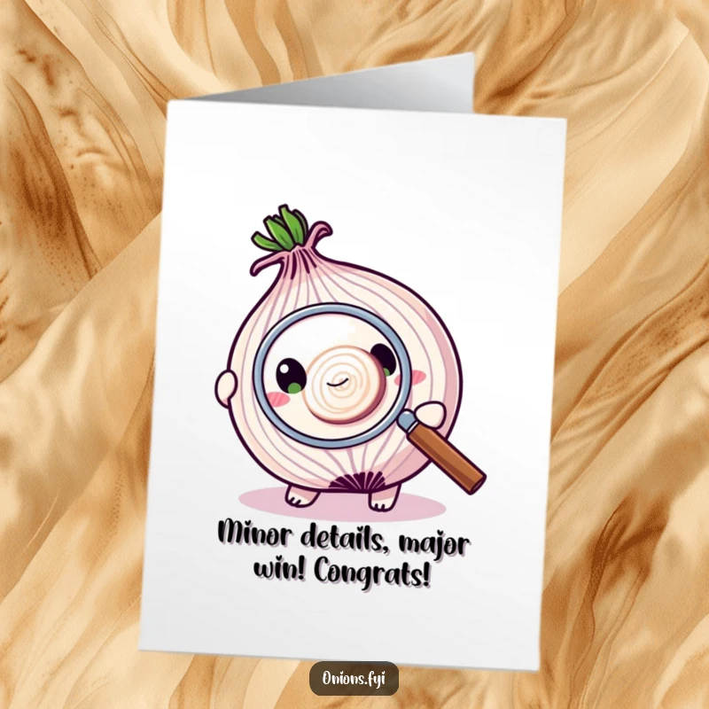 Funny Free Printable Congrats Card: An onion character meticulously scrutinizing a tiny piece of onion with a magnifying glass.