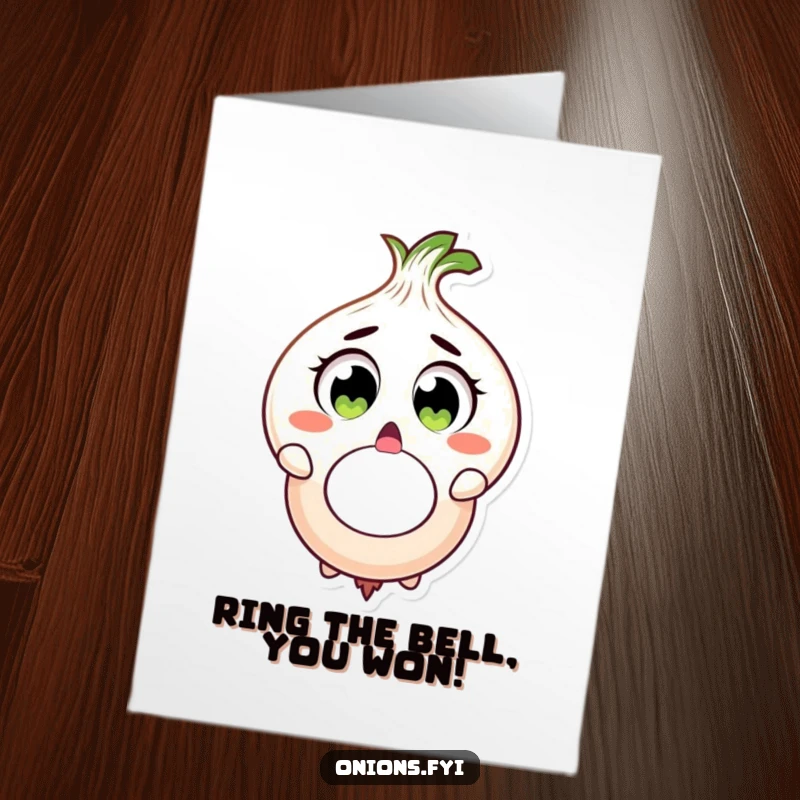 Free Printable congratulations card featuring a surprised onion with wide eyes, fumbling a giant onion ring in shock.