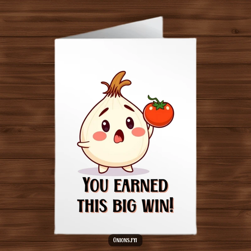 Funny Free Printable Congratulations Card with a startled onion just missing a falling tomato, celebrating survival.
