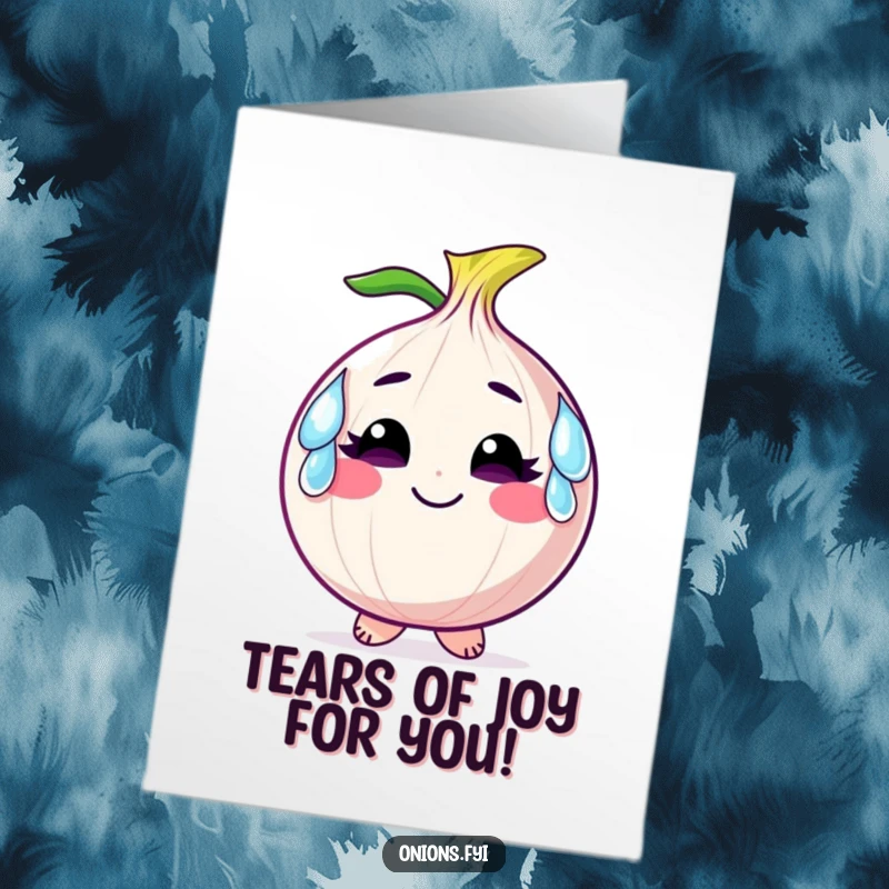 Funny Free Printable Congrats Card: Smiling onion with big tear drop earrings, celebrating with humor.