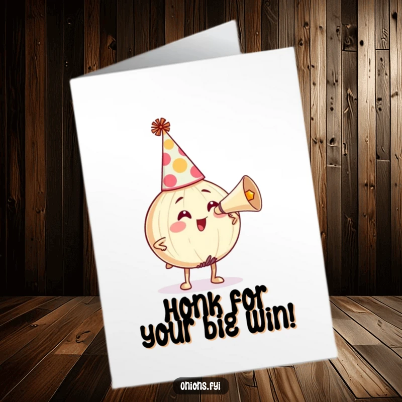 Funny free printable congratulations card showing a party-hat-wearing onion comically honking a horn to celebrate.