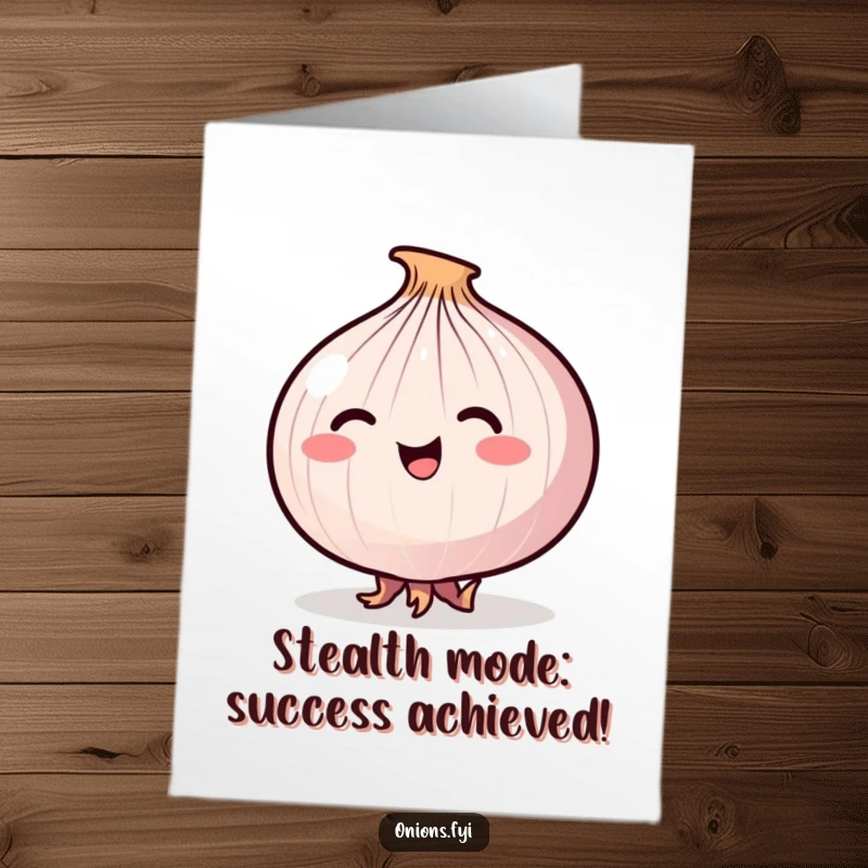 Funny Free Printable Congrats Card: A happy onion trying to sneak around on its tiny roots.