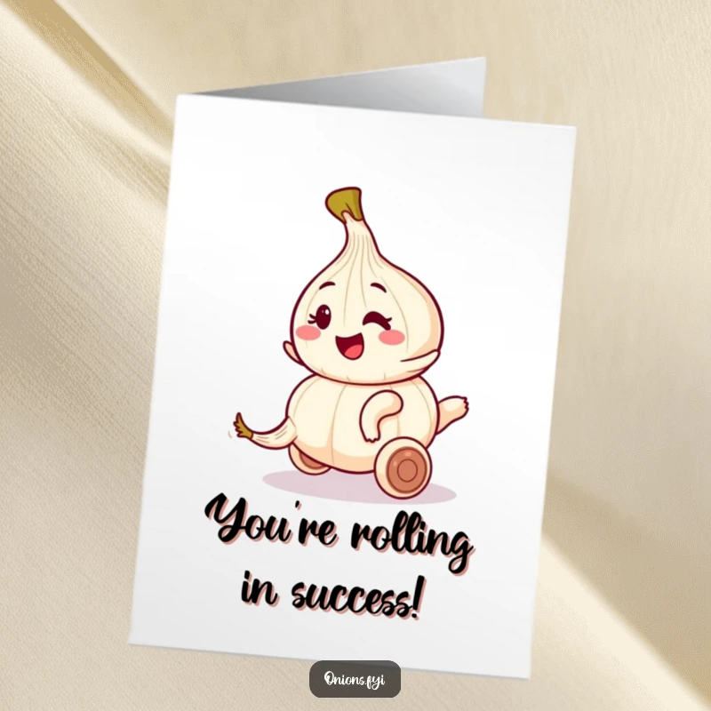 Funny Free Printable Congratulations Card: Winky onion character joyfully rides a rolling garlic clove; an exciting, downloadable congratulatory message.