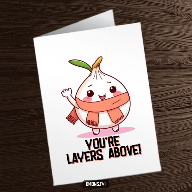 Funny Free Printable Congratulations Card: An onion mascot in a scarf joyfully waving to celebrate great achievements.