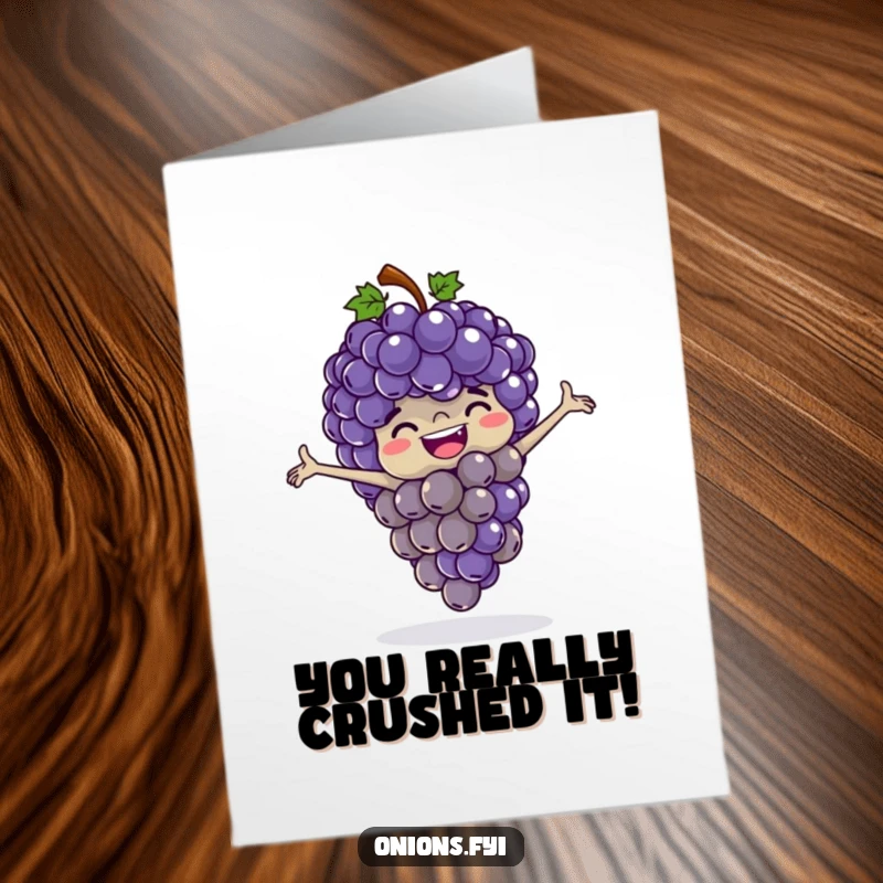 Funny Free Printable Congratulations Card: A gleeful bunch of grapes with arms outstretched joyfully plays leapfrog, celebrating a big win.