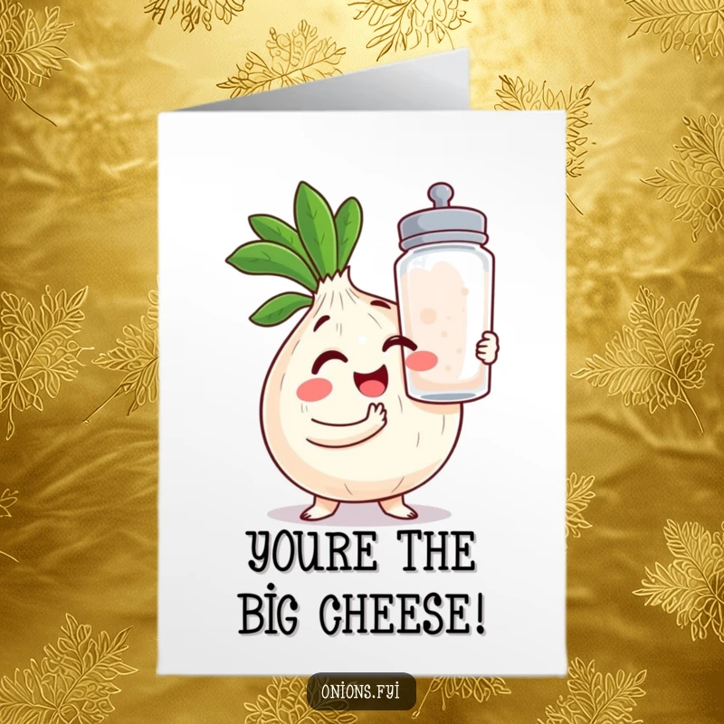 Funny Free Printable Congratulations Card: Kawaii onion winking, holding a giant salt shaker, celebrating your awesome achievement.