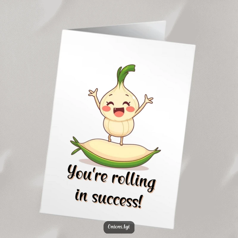 Funny Free Printable congratulations card: onion balancing on a rolling pea, celebrating a big win.