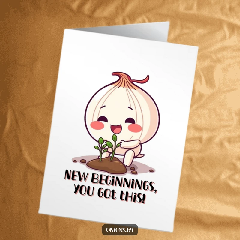 Free Printable Congratulations Card: An onion character enthusiastically plants a tiny seedling, wishing growth and success.