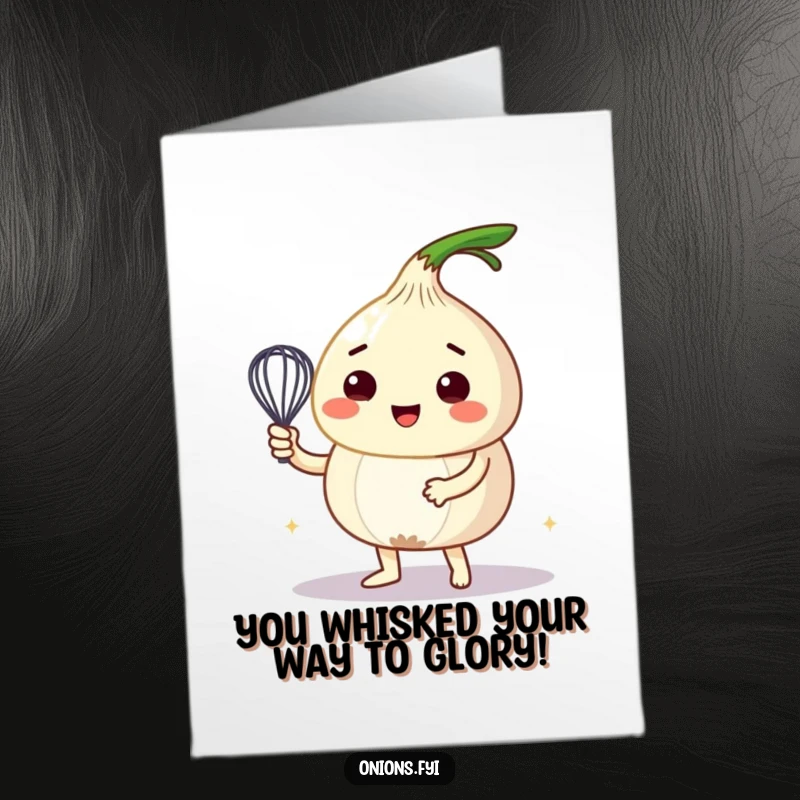 Funny Free Printable Congratulations Card: An onion character uses a tiny whisk to make a bubbly mixture, a humorous downloadable gift.