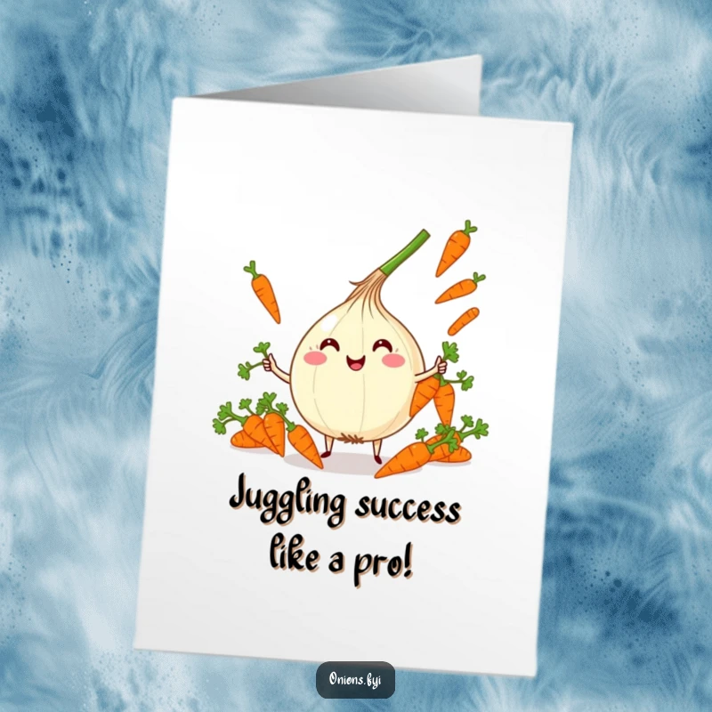 Funny Free Printable Congratulations Card: A delighted kawaii onion character skillfully juggling many small carrots with pure glee.