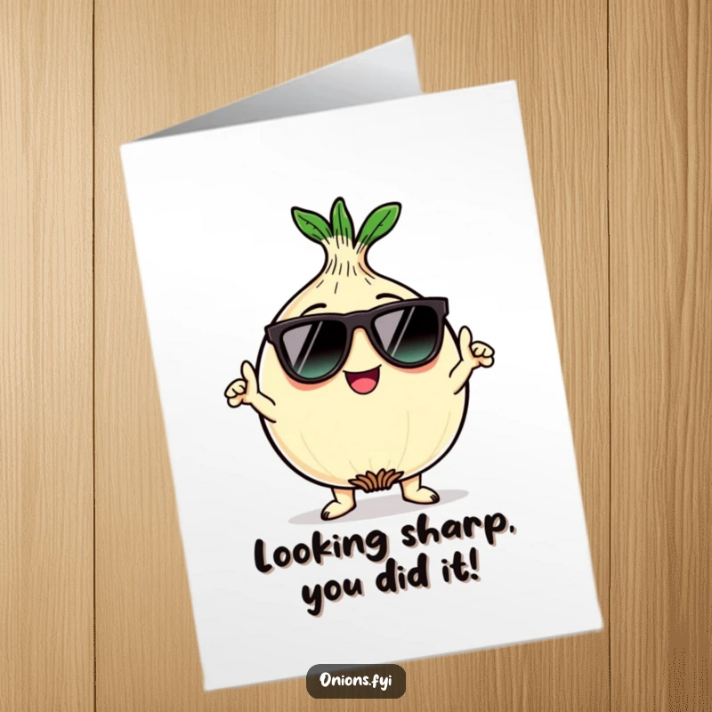 Funny free printable congratulations card: Kawaii onion character in sunglasses, posing coolly, celebrating success.