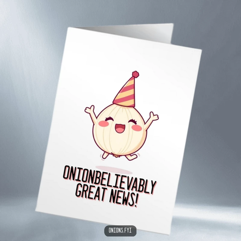 Free Printable congratulations card showing a happy onion wearing a party hat, captured mid-leap in pure excitement.