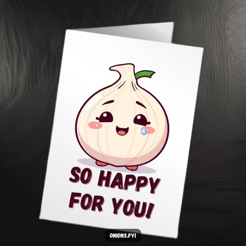 Funny Free Printable Congrats Card featuring a smiling onion character with a single, glistening sparkly tear.