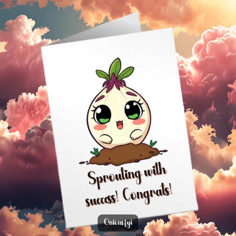 Funny Free Printable Congratulations Card: Surprised onion character with big eyes peeking out from dark soil, looking astonished.