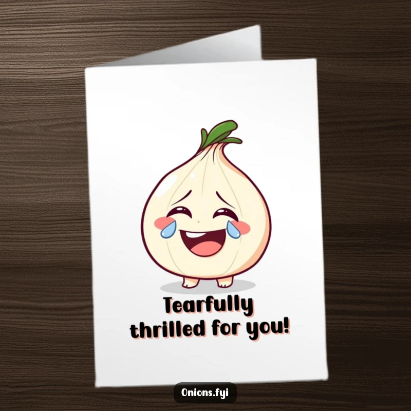 Funny Free Printable Congratulations Card: A laughing onion sheds one shimmering tear, expressing immense happiness and delight.