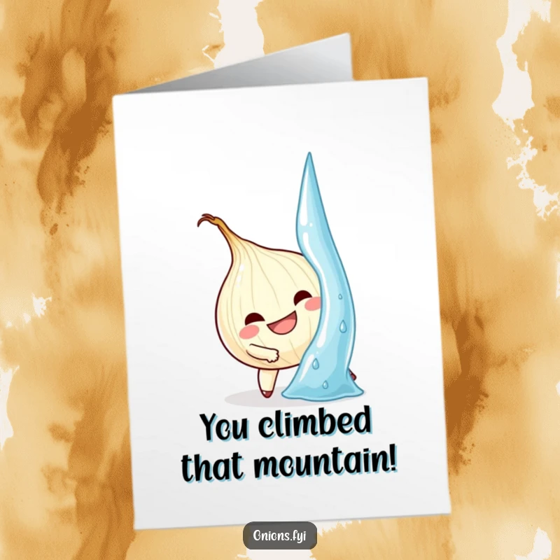 Funny free printable congratulations card of a determined onion character with a grin, climbing a huge water droplet, celebrating a hard-won success.