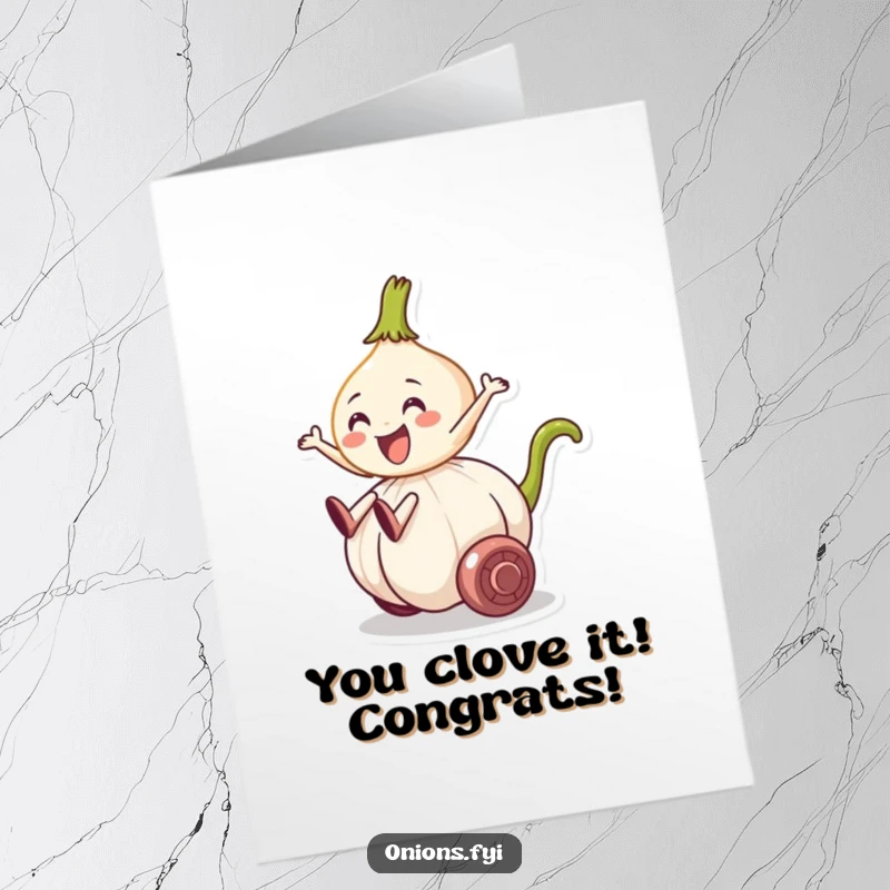 Funny Free Printable Congrats Card: Joyful onion character cruising on a rolling garlic clove, celebrating progress, a humorous downloadable greeting.