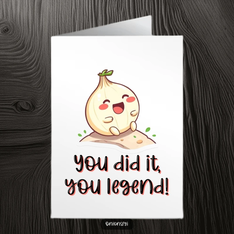Funny Free Printable Congrats Card: A Kawaii onion gleefully rolls down a miniature hill, laughing out loud.