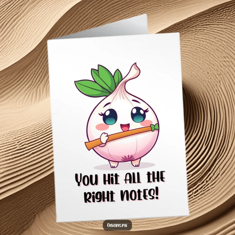 Funny free printable congratulations card with a happy onion playing a leaf-shaped flute, eyes wide with excitement, celebrating achievements musically.