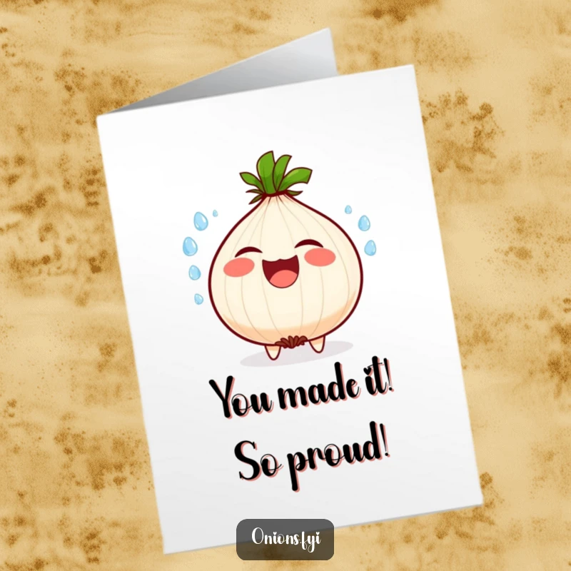 Free Printable Congratulations Card: A happy onion character erupts in hearty laughter, water droplets spraying outwards.
