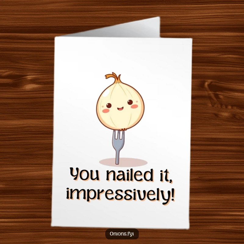 Funny Free Printable Congratulations Card: an onion character expertly balancing on a small fork, looking triumphant.