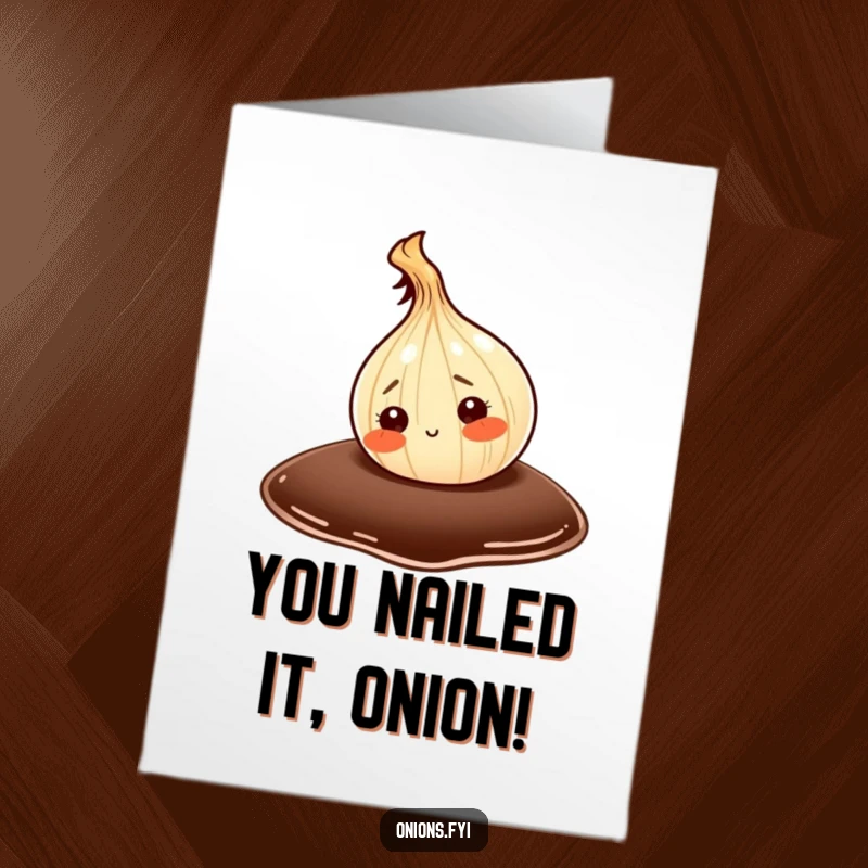 Funny Free Printable Congratulations Card: An onion character curiously touches a giant soy sauce drop, a humorous downloadable gift.