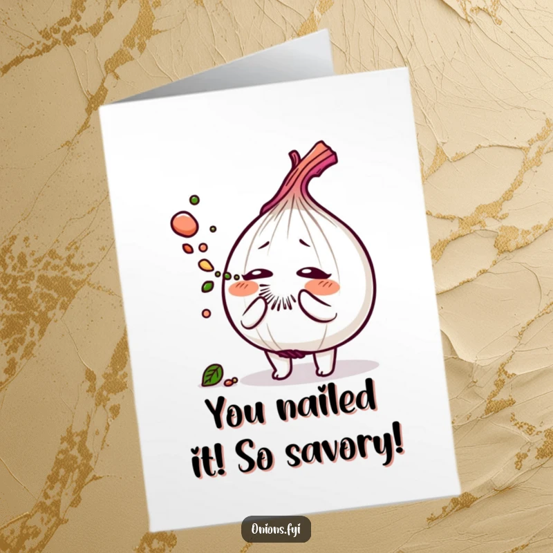 Funny Free Printable Congratulations Card: Onion sneezes herb dust in a burst of celebratory flavor; a unique downloadable wish.