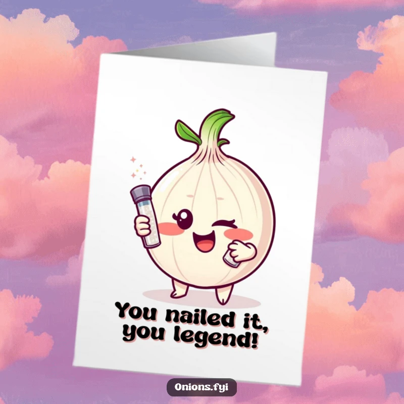 Funny free printable congratulations card showing a mischievous onion winking and holding a salt shaker, perfect for a savory achievement.