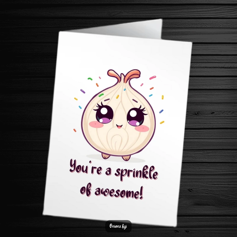 Funny Free Printable congratulations card: wide-eyed onion showered by rainbow sprinkles, celebrating a happy occasion.