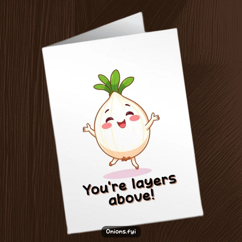 Funny Free Printable Congrats Card of a happy onion character doing a very silly and energetic jig, celebrating success.
