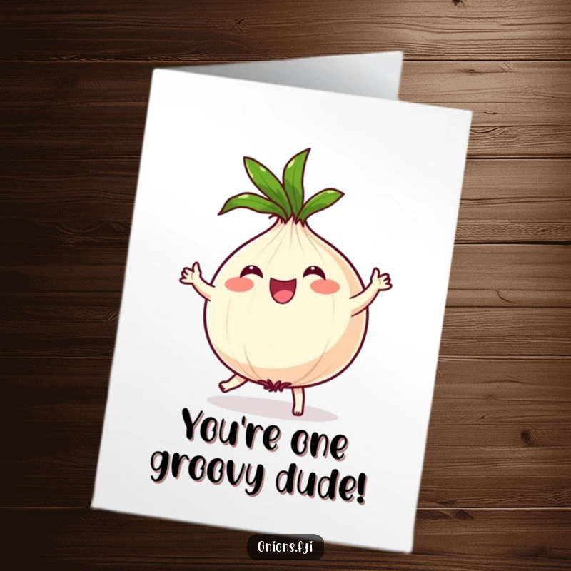 Funny free printable congratulations card of a happy onion dancing energetically with its leafy top spinning, celebrating a big win.