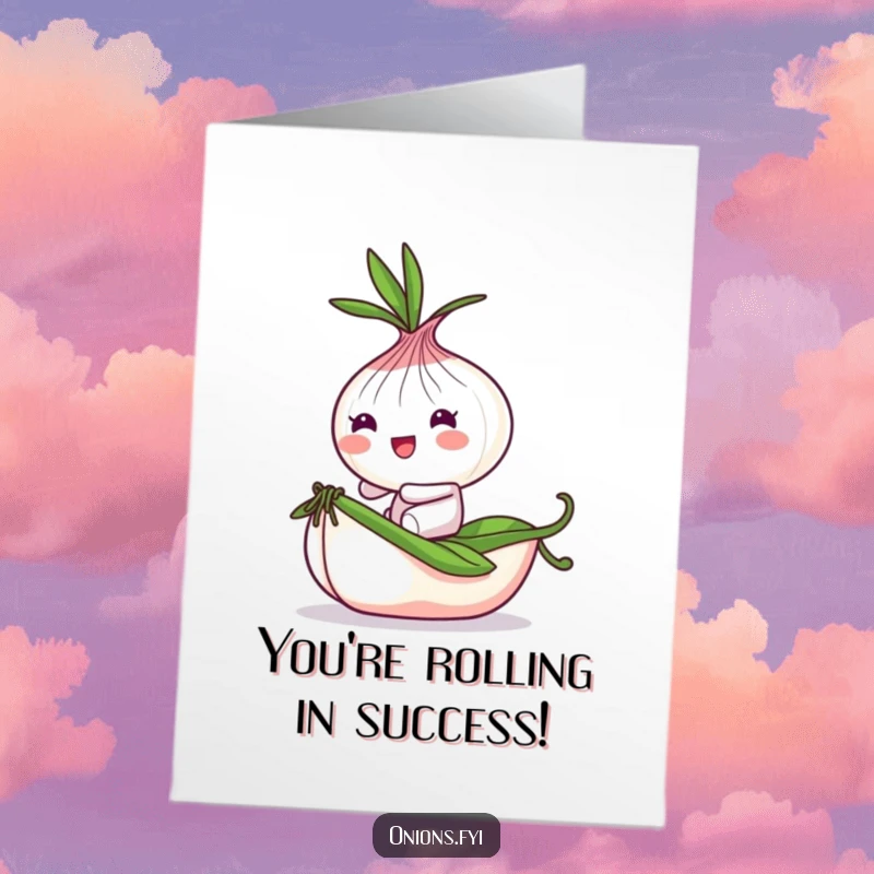 Funny free printable congratulations card of a playful onion character bouncing happily while riding a small, rolling pea, celebrating progress.