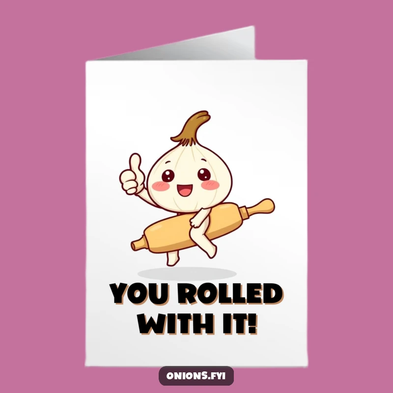 Free Printable Congrats Card: Kawaii Onion Rolling Pin Success, Downloadable Humor Gift